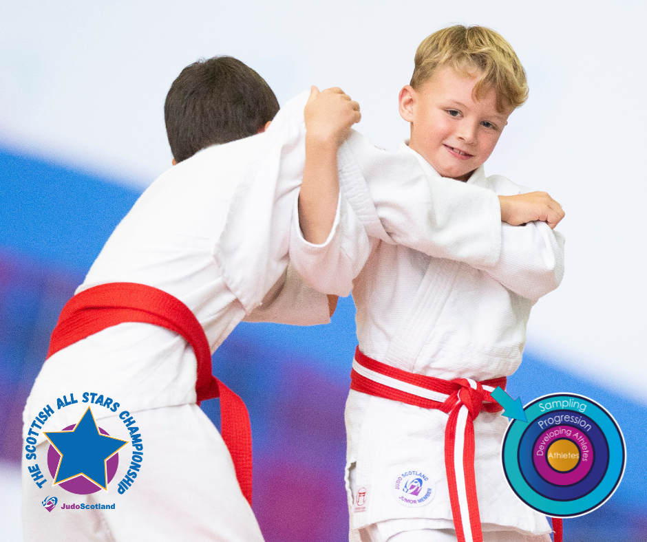 The Scottish All stars Two young Judoka compete on the tatami. Graphic stating it is suitable for sampling.