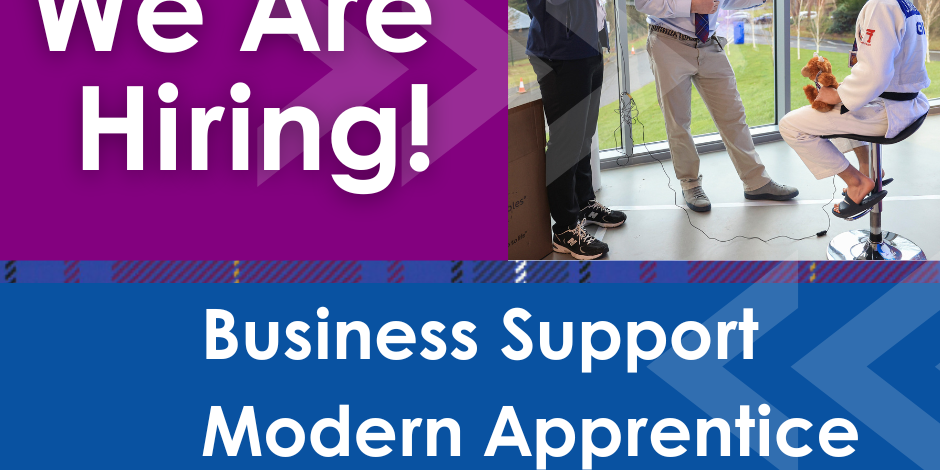 We are hiring! Business Support Modern Apprentice graphic. With an image of JudoScotland interviewing a Judoka post-competition. JudoScotland logo, Enable logo and Living Wage Scotland logo