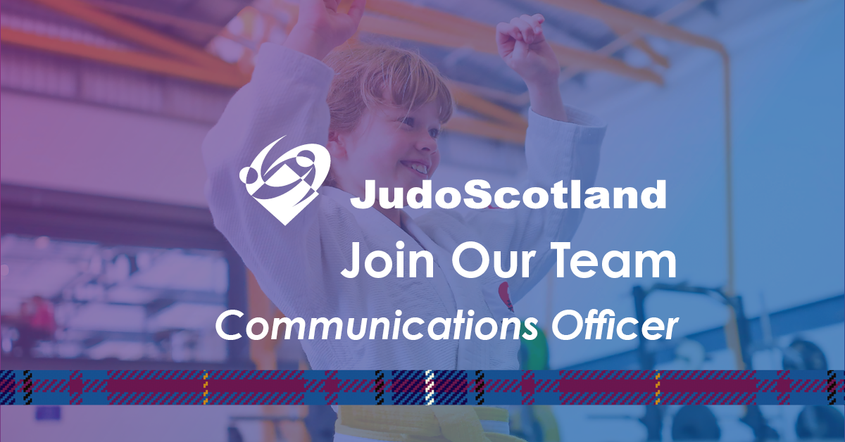 Decorative Graphic JudoScotland Communications Officer. JudoScotland Logo and colours overlay an image of a young girl celebrating her achievements in her Judo suit.