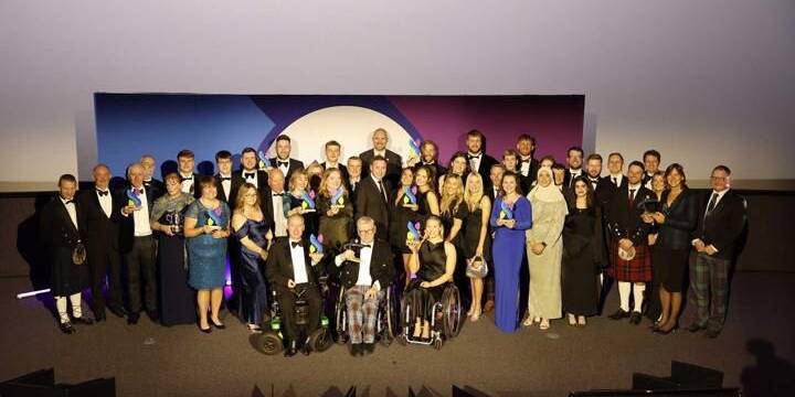 A group photo of all the award winners from the Scottish sports awards